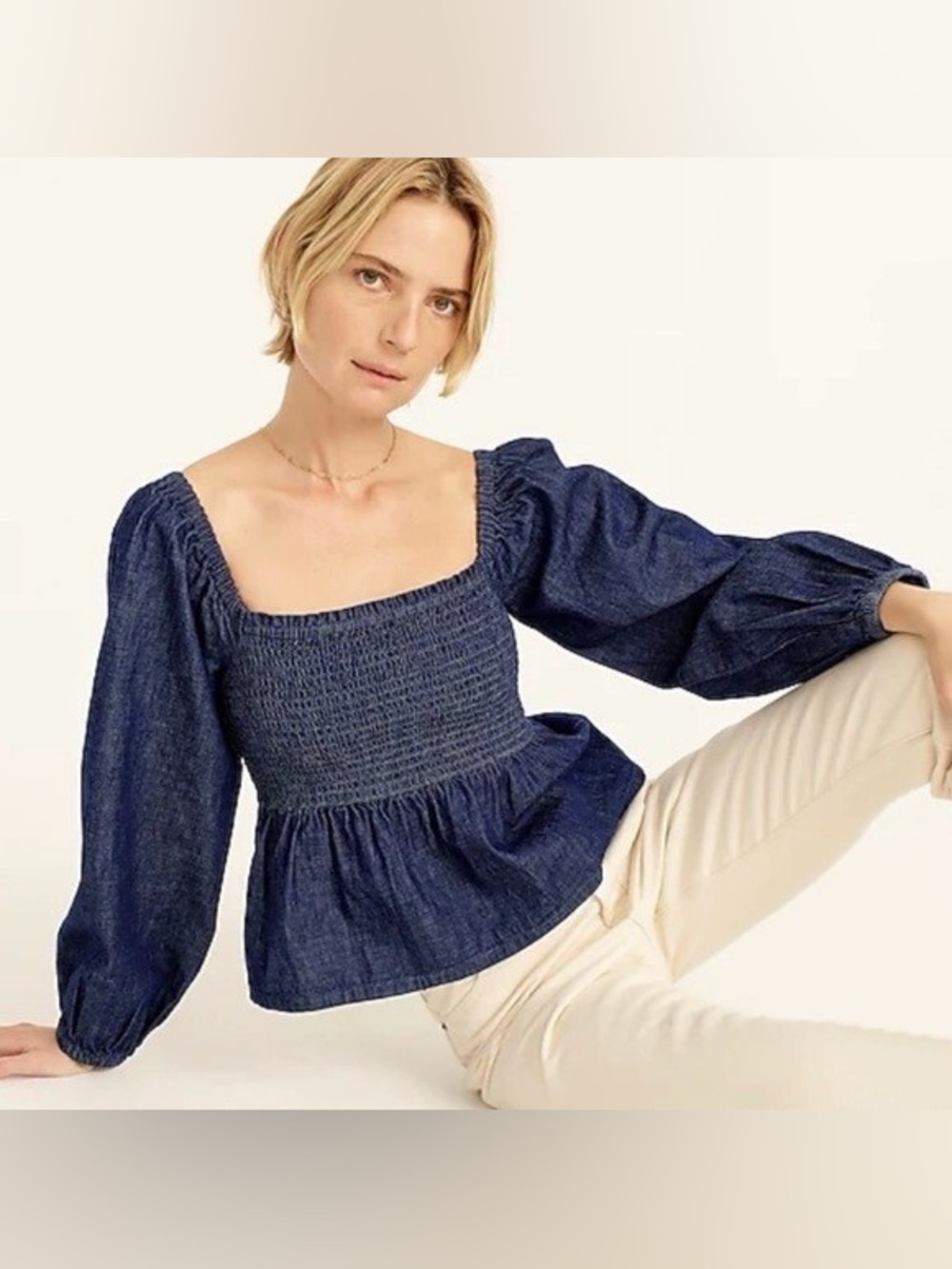 J.Crew Puff Sleeve Chambray Smocked Top